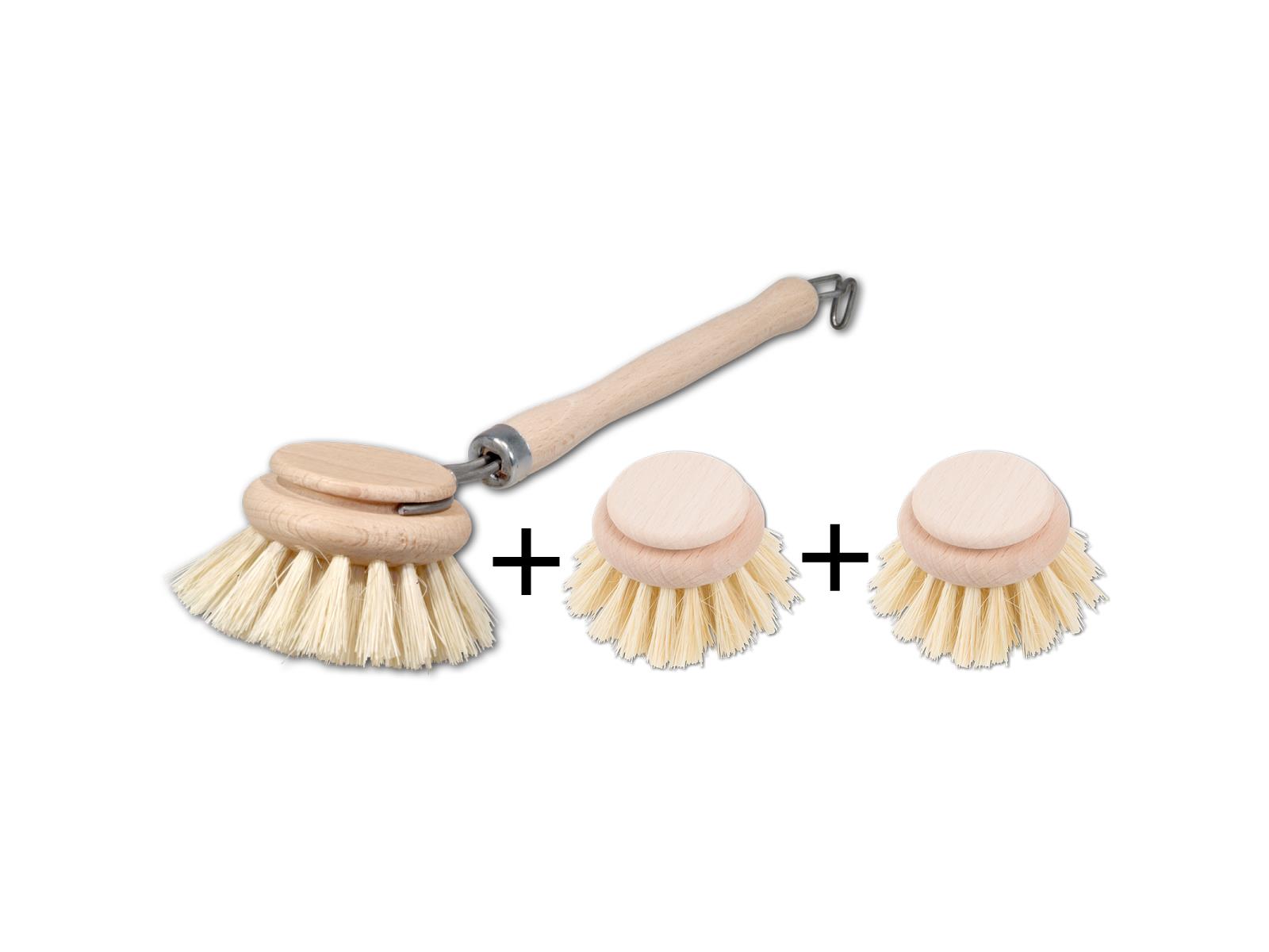 Set Spülbürste, echt Fibre, großer Kopf + 2x Ersatzkopf , aus Holz 15 cm