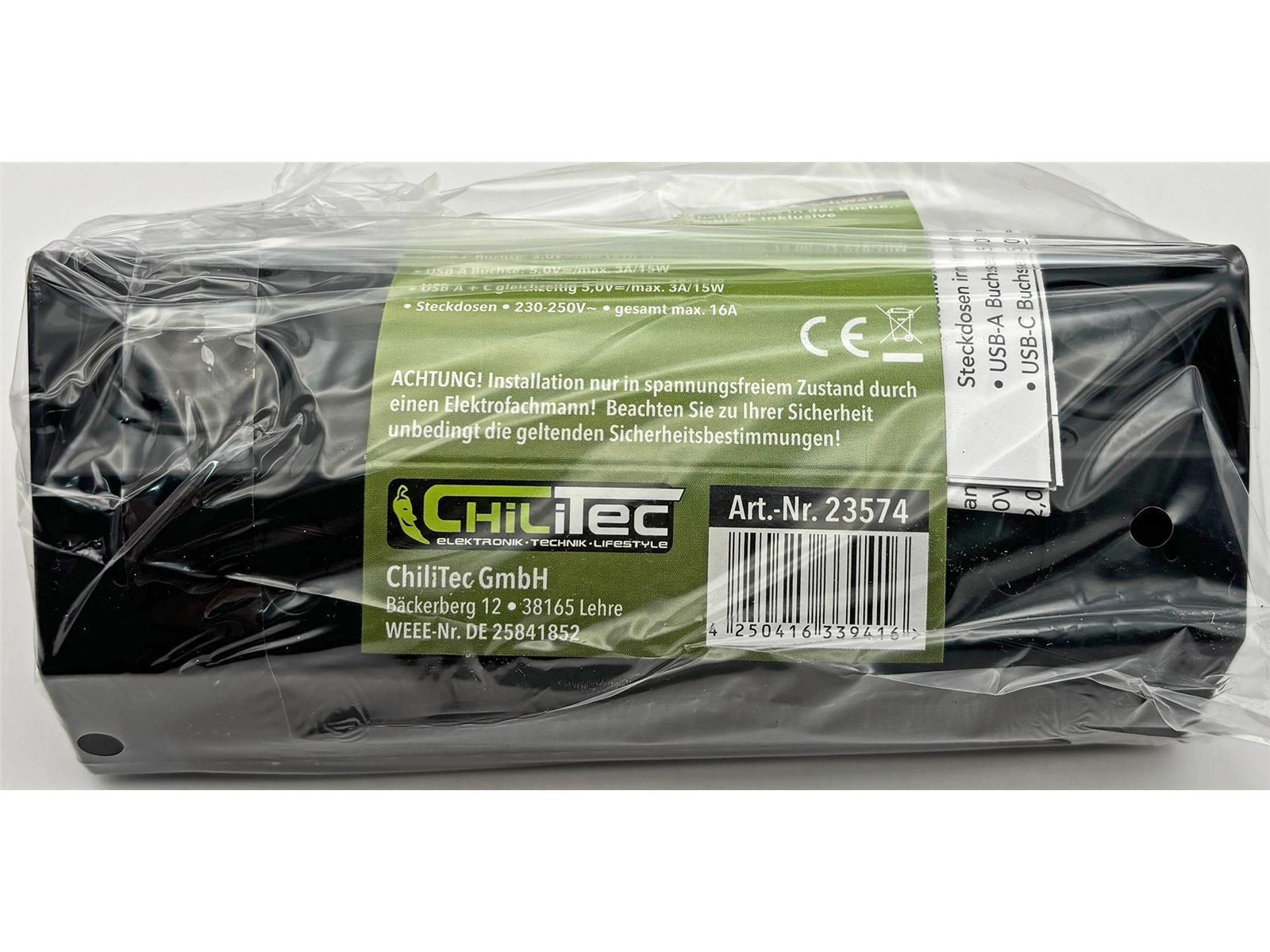 2-fach Steckdosenblock, USB-A+C, schwarz 250V~/ 16A, Aufbaumontage, USB 3,1A, PD