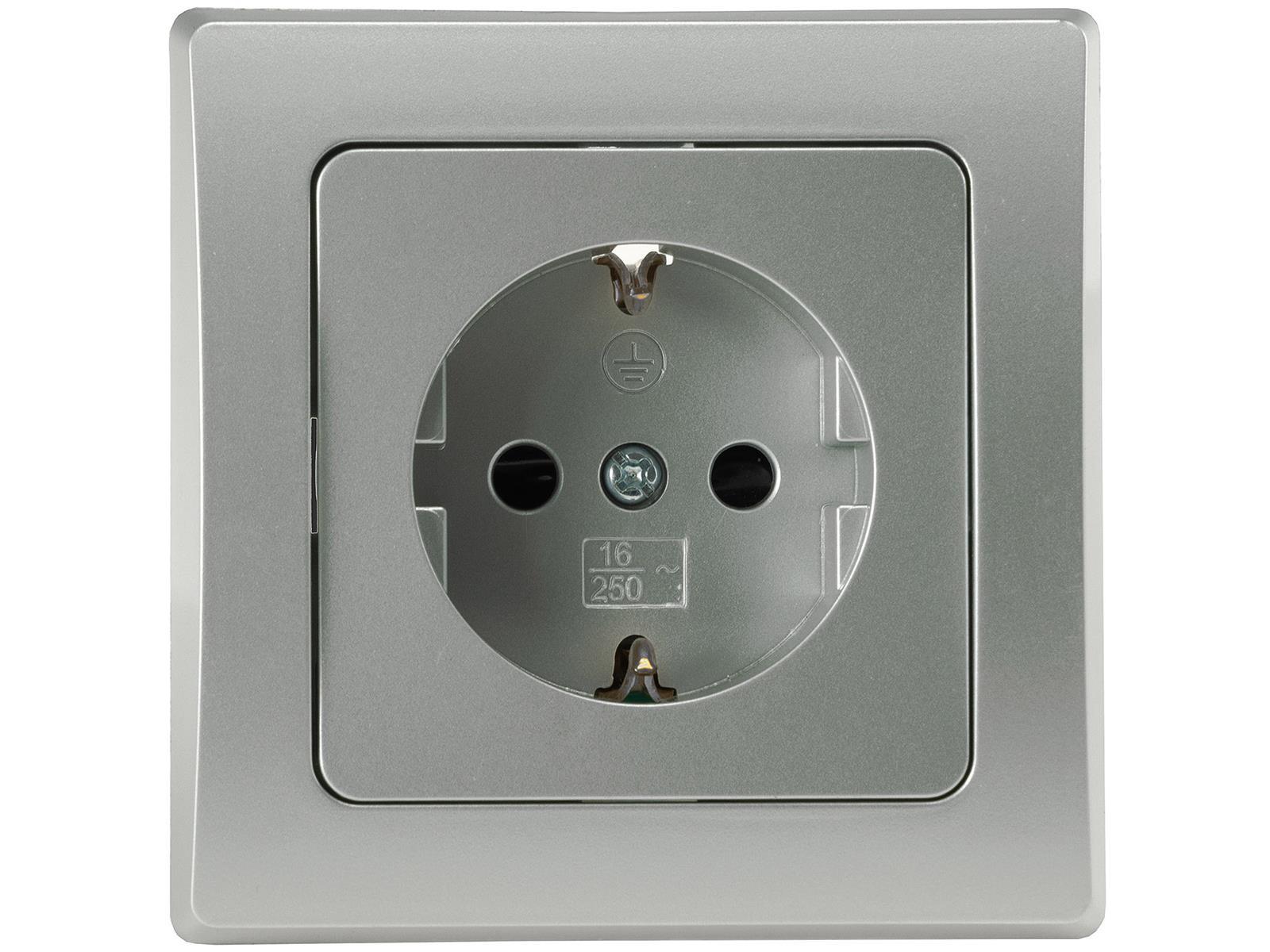 DELPHI Schutzkontakt-Steckdose, silber 250V~/ 16A, inkl. Rahmen, Steckanschluss