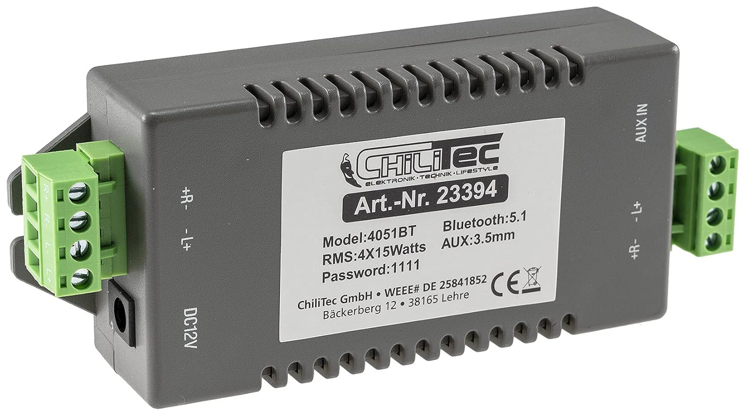 ChiliTec Bluetooth Verstärker 4-Kanal 4X 15Watt AUX IN Mini Einbau Endstufe mit 230V auf 12V= / 5A Netzteil Musik Streaming von Smartphone, Tablet