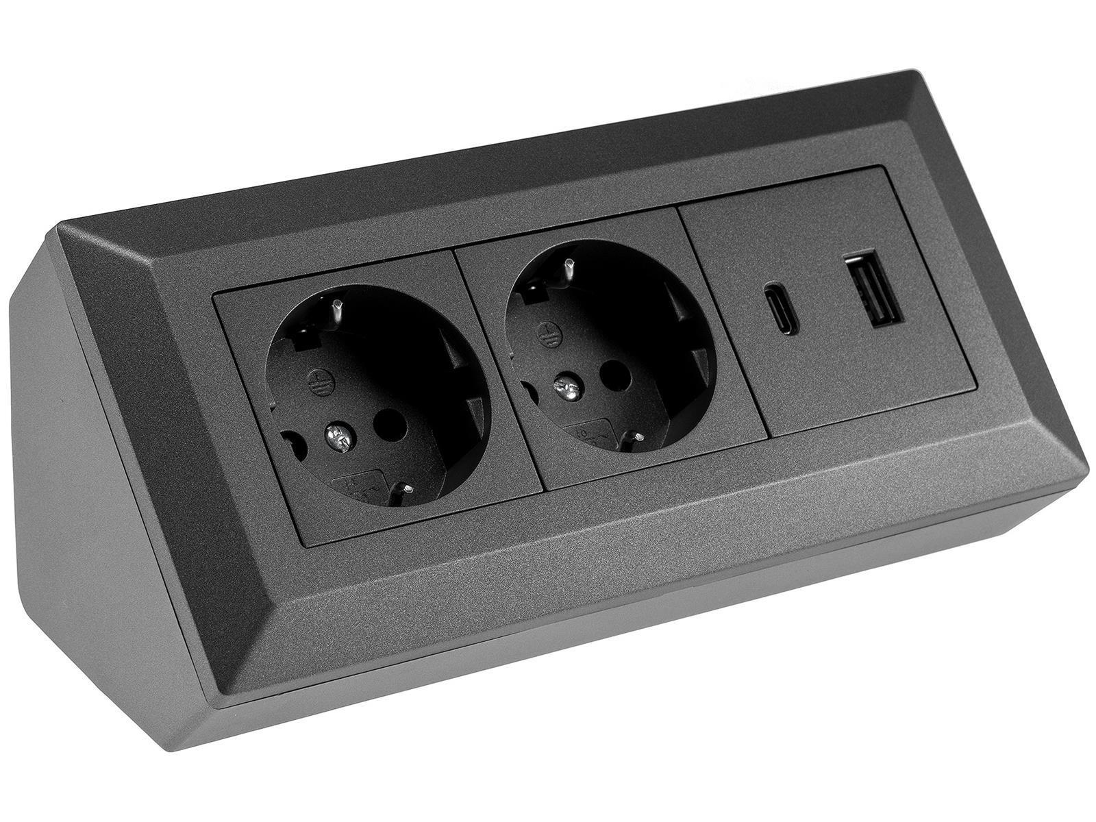 2-fach Steckdosenblock, USB-A+C, anthrazit 250V~/ 16A, Aufbaumontage, USB 3,1A, PD