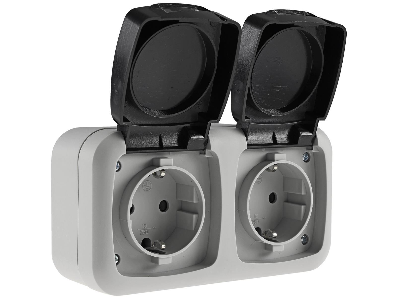 Feuchtraum Doppel-Steckdose, IP44250V~/ 16A, inkl. AP-Rahmen, grau