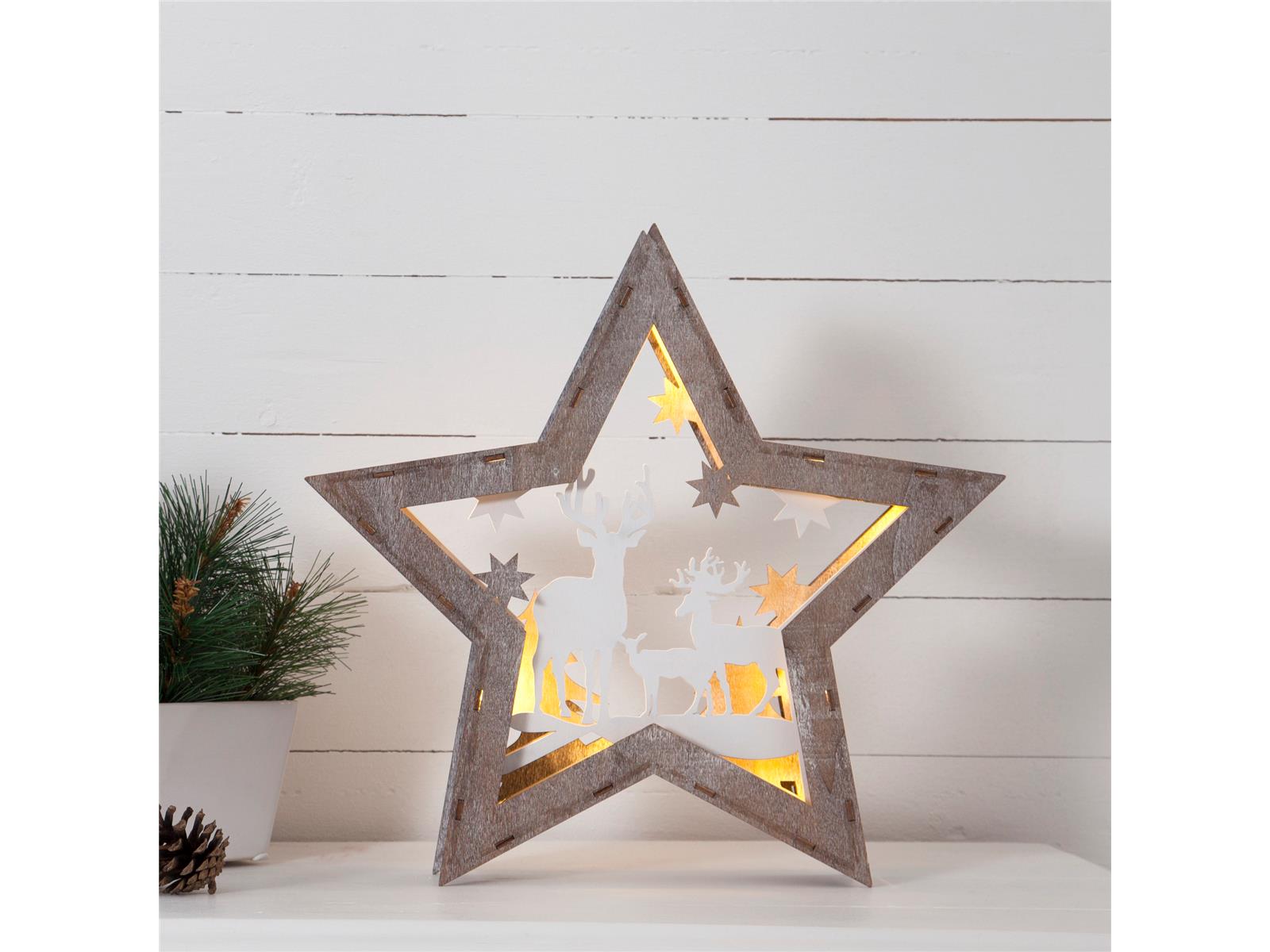 LED-Dekostern ''Fauna'', 10 LEDs, warmweiß, braun/weiß, 32x34cm, batteriebetrieben