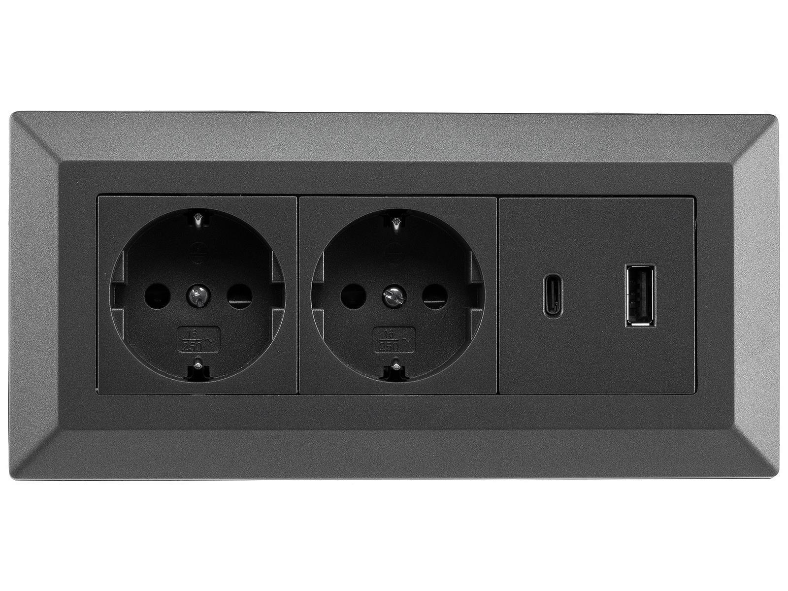 2-fach Steckdosenblock, USB-A+C, anthrazit 250V~/ 16A, Aufbaumontage, USB 3,1A, PD
