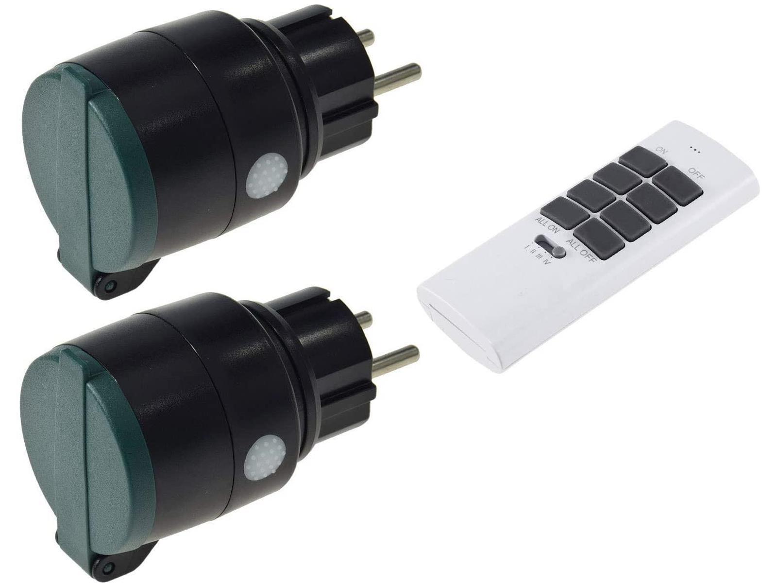 Funk Steckdosen Set Aussen IP44 mit Fernbedienung 2x Schutzkontakt-Steckdose mit Deckel Handsender 30m Reichweite