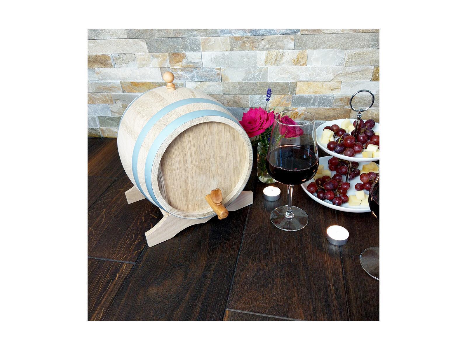 Kleines Eichenfass, 10 Liter, Weinfass, Schnapsfass, Holzfass inkl, Stopfen, Hahn und Bock aus Holz 34,5 cm