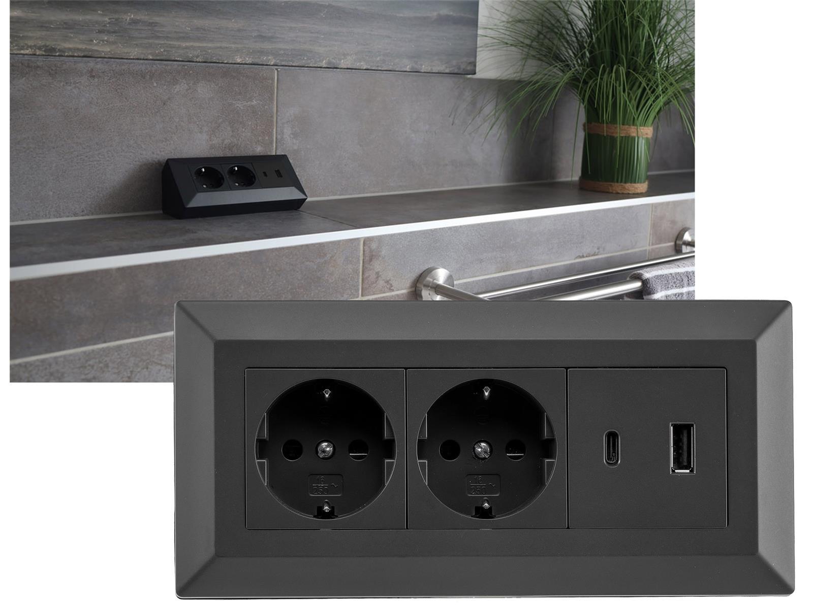2-fach Steckdosenblock, USB-A+C, schwarz 250V~/ 16A, Aufbaumontage, USB 3,1A, PD