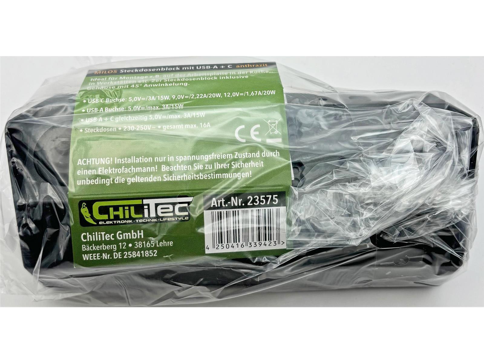 2-fach Steckdosenblock, USB-A+C, anthrazit 250V~/ 16A, Aufbaumontage, USB 3,1A, PD