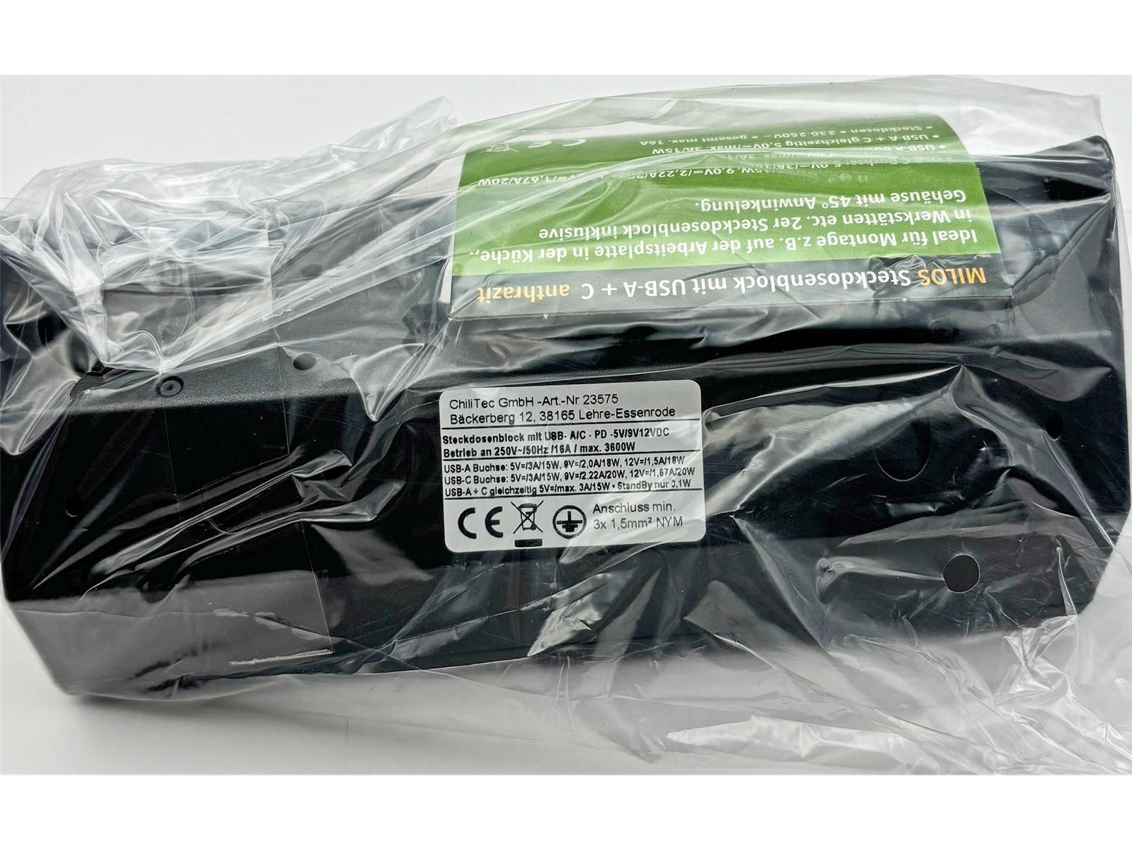 2-fach Steckdosenblock, USB-A+C, anthrazit 250V~/ 16A, Aufbaumontage, USB 3,1A, PD