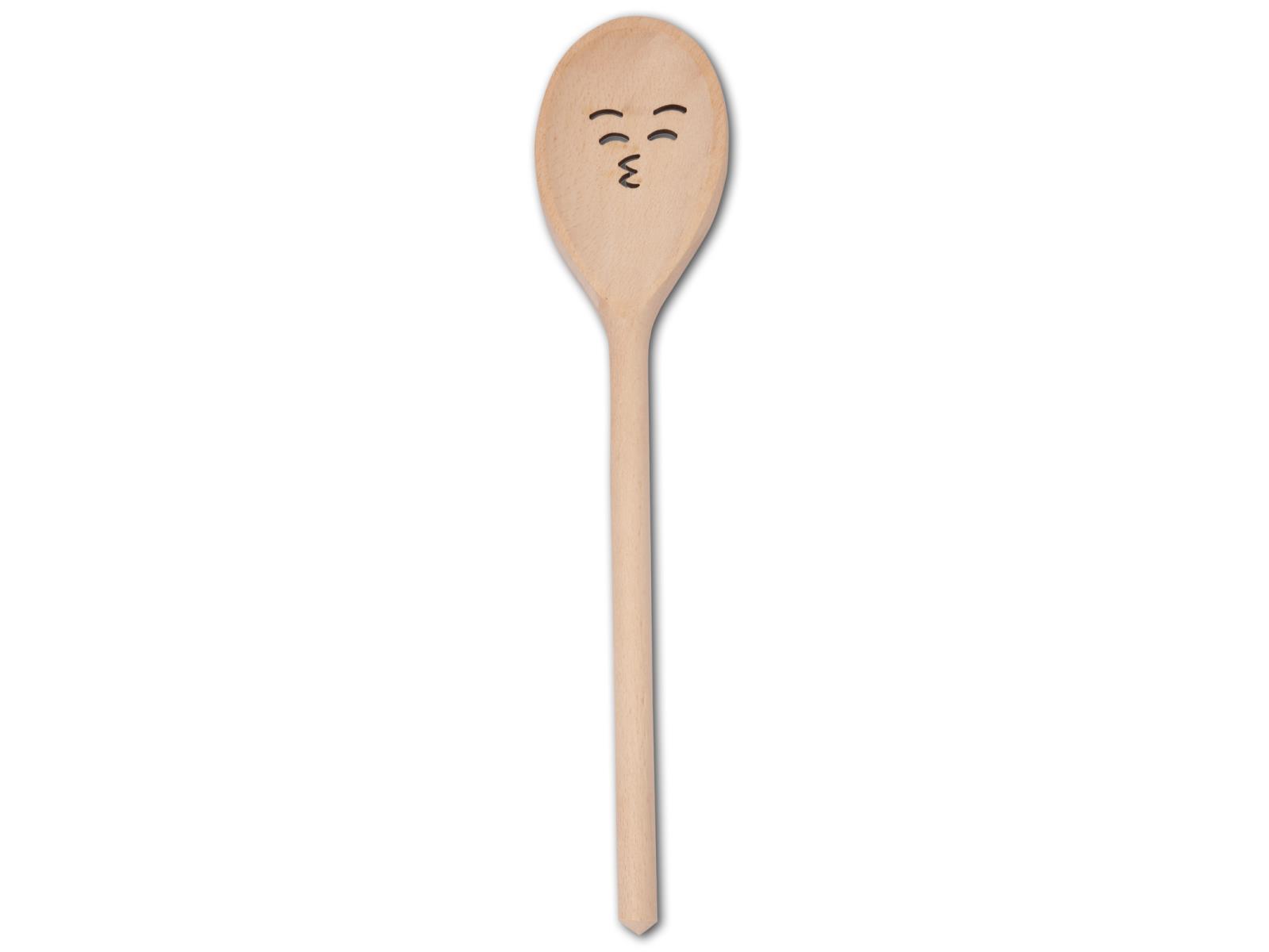 Kochlöffel, oval, mit Motiv Gesicht Kussmund, aus Holz 30 cm