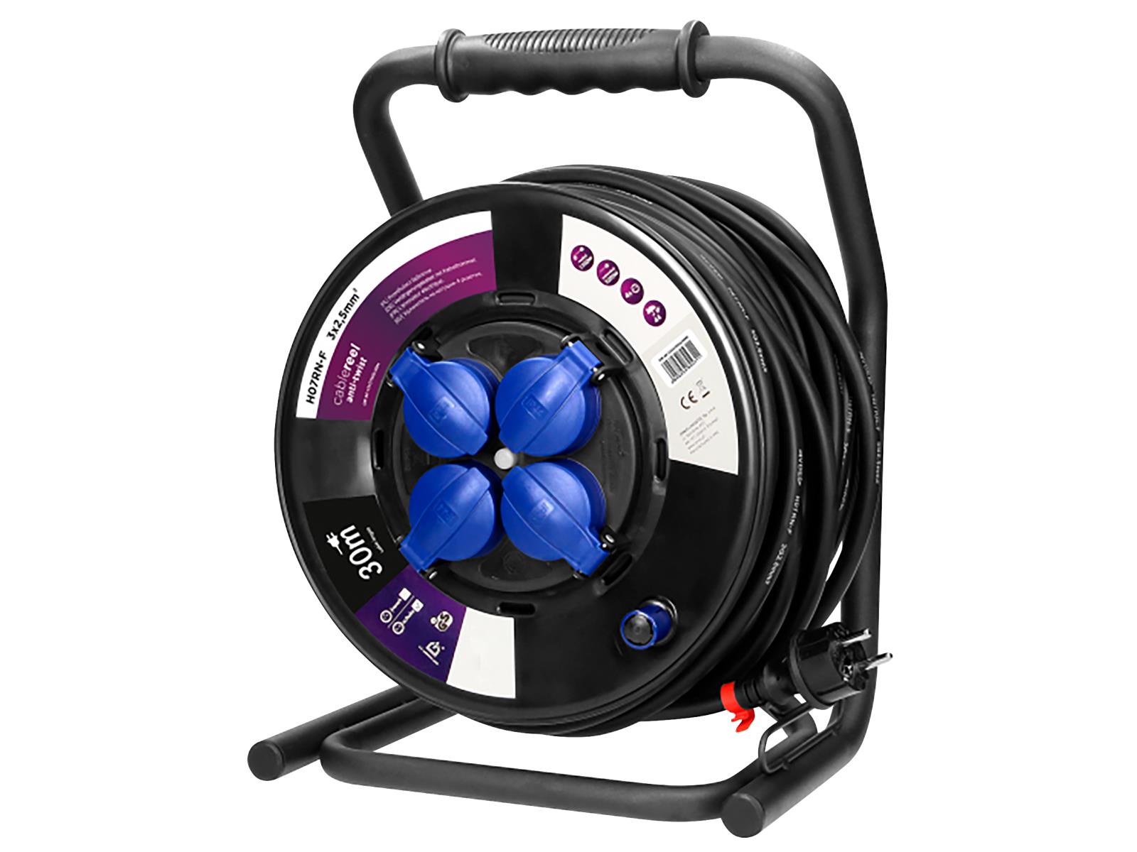 Kabeltrommel, 4-fach, 30m, IP44, H07RN-F 3x2,5mm², mit Cube-Ständer