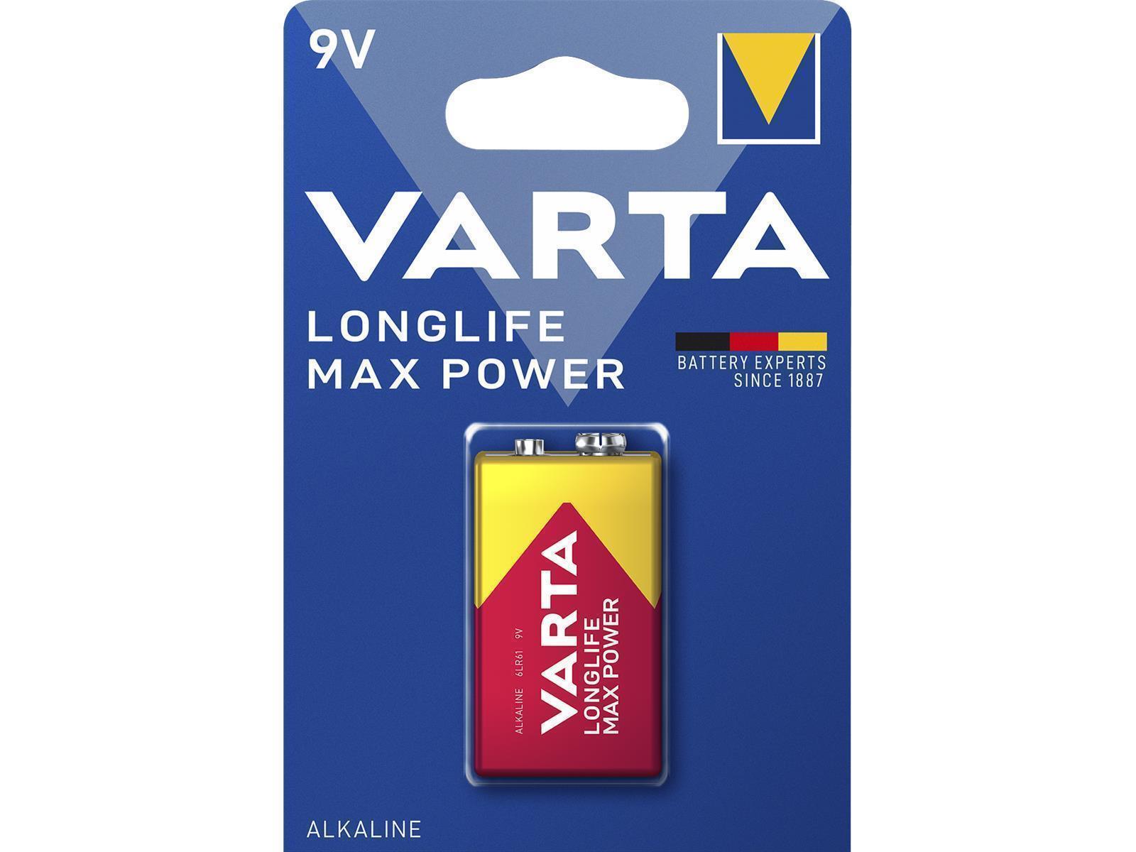 9V-Block Batterie VARTA  ''Longlife Max Power'' Alkaline, 6LR61, 9V