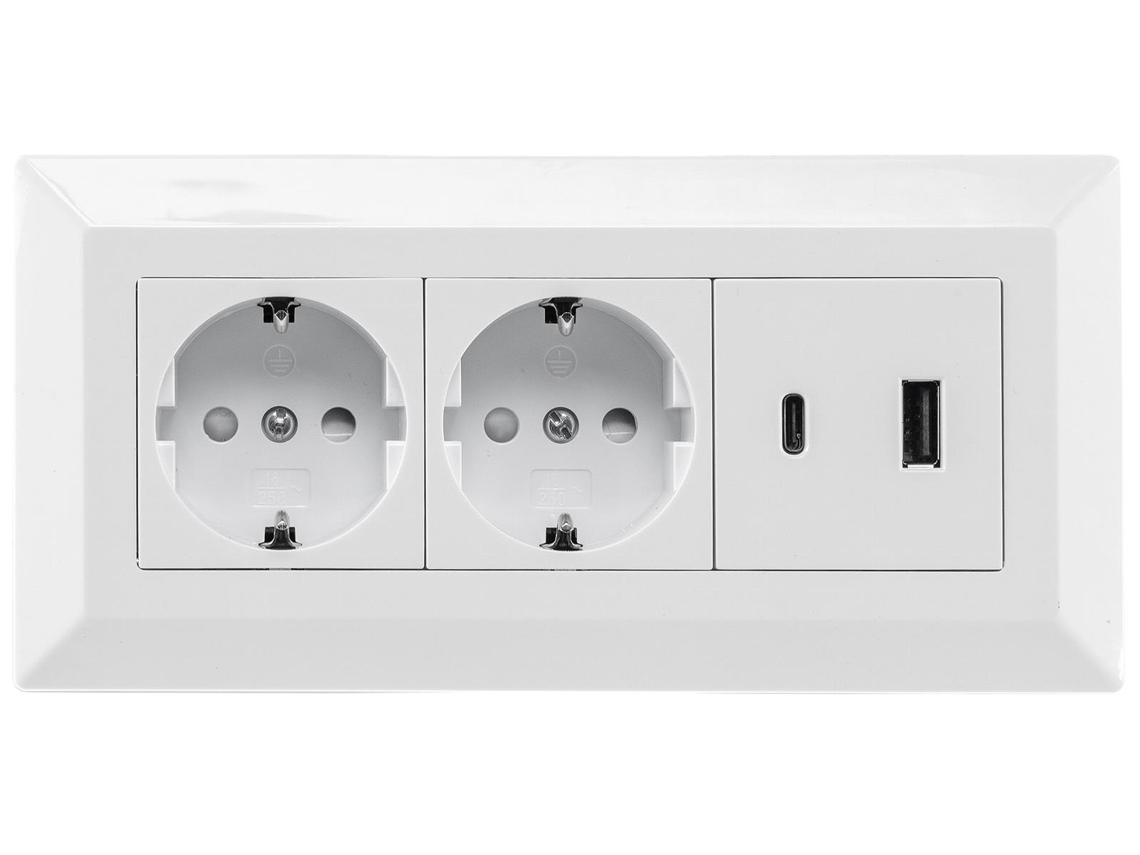 2-fach Steckdosenblock, USB-A+C, weiß 250V~/ 16A, Aufbaumontage, USB 3,1A, PD