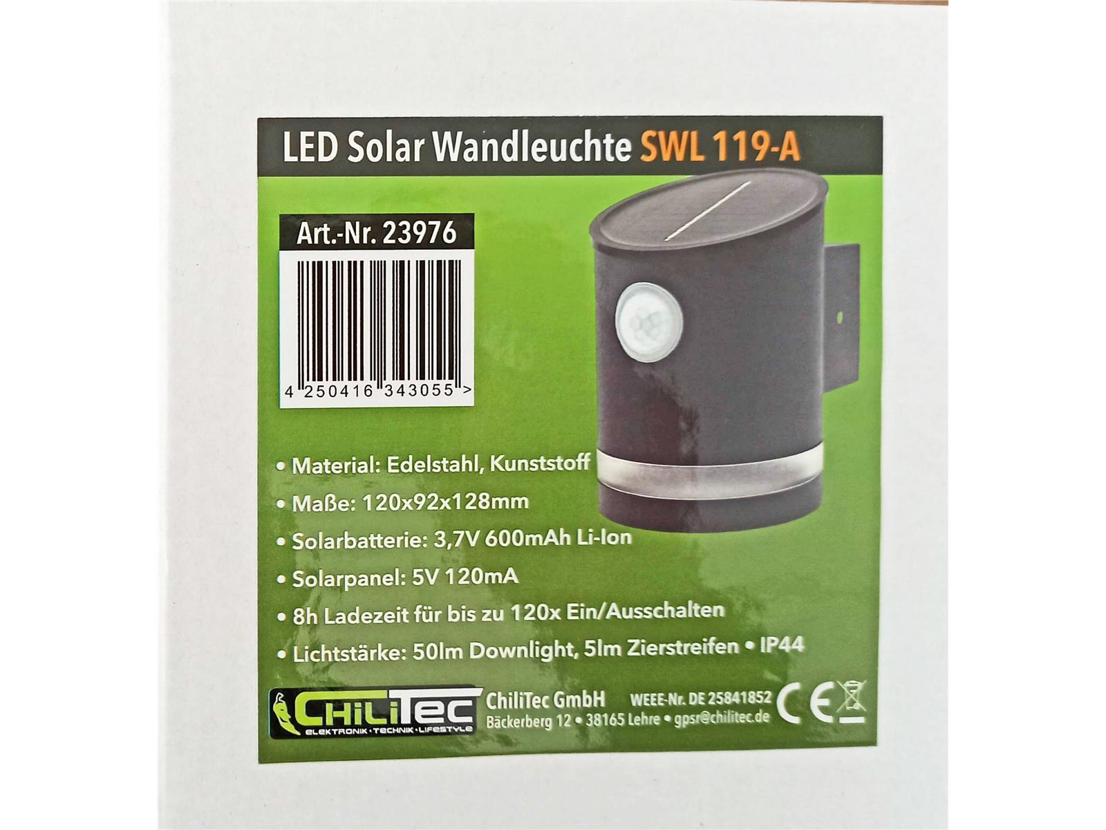 LED Solar Wandleuchte "SWL 119-A" PIR Bewegungsmelder, IP44, anthrazit