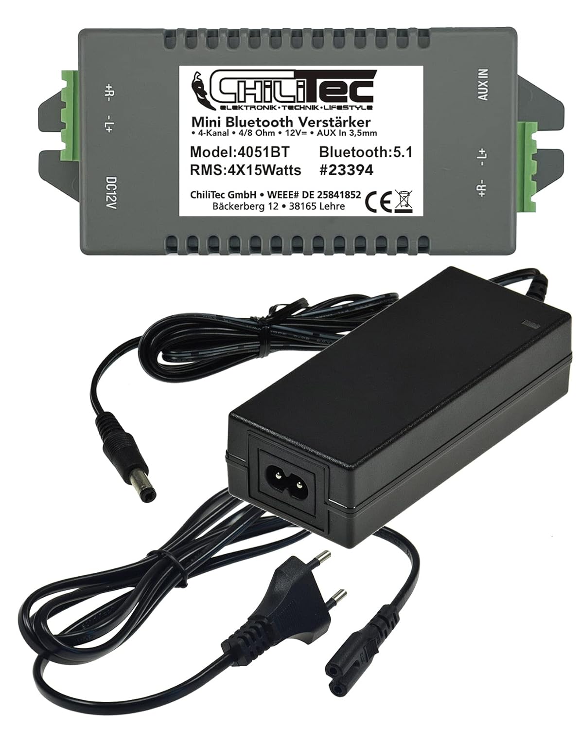 ChiliTec Bluetooth Verstärker 4-Kanal 4X 15Watt AUX IN Mini Einbau Endstufe mit 230V auf 12V= / 5A Netzteil Musik Streaming von Smartphone, Tablet