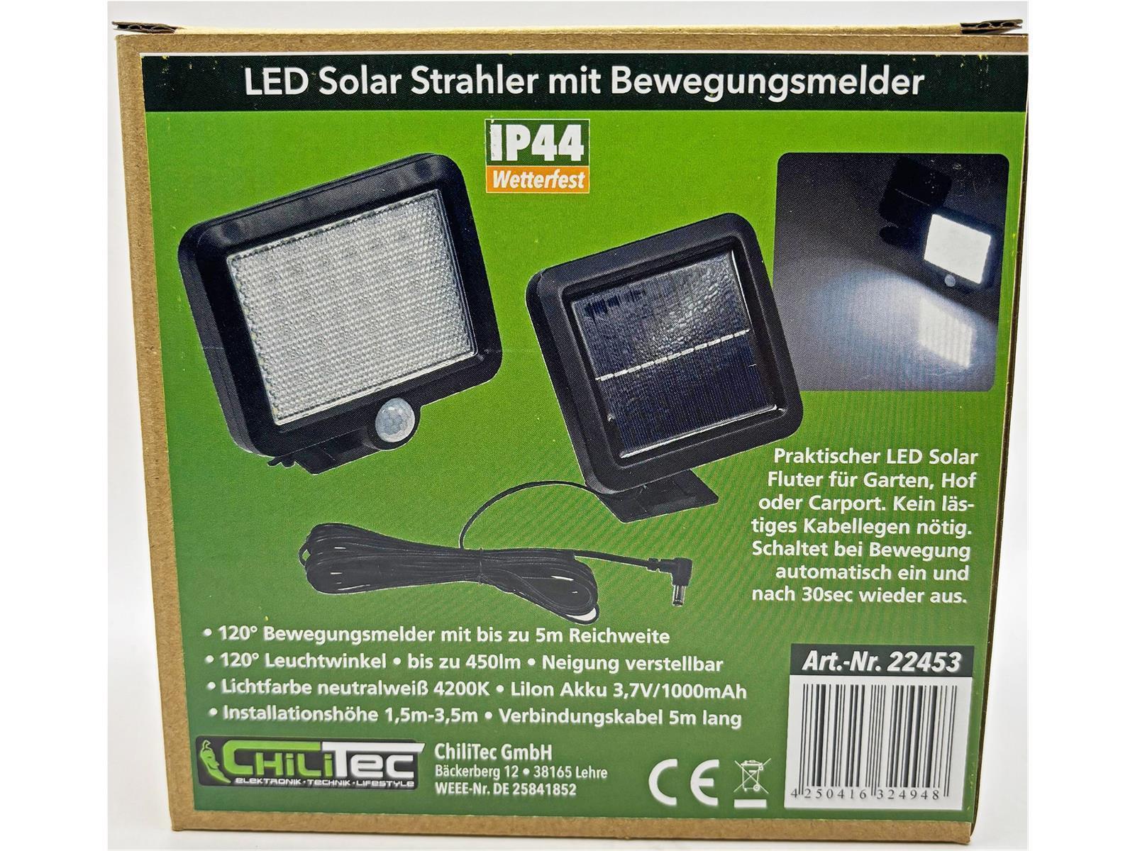 LED Solar Wandleuchte m. Bewegungsmelder 300lm, 6000K, Akku, externe Solarzelle