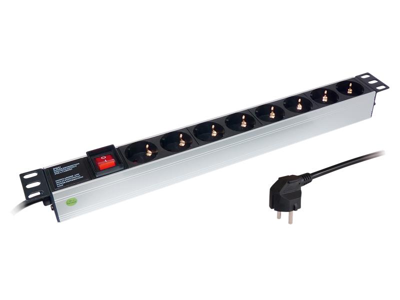 Steckdosenleiste für Rackeinbau 19'', Aluminium, 8-fach, max.3.500W /16A