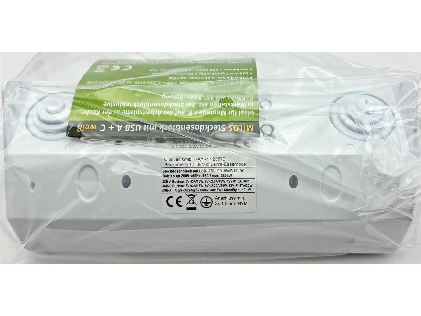 2-fach Steckdosenblock, USB-A+C, weiß 250V~/ 16A, Aufbaumontage, USB 3,1A, PD