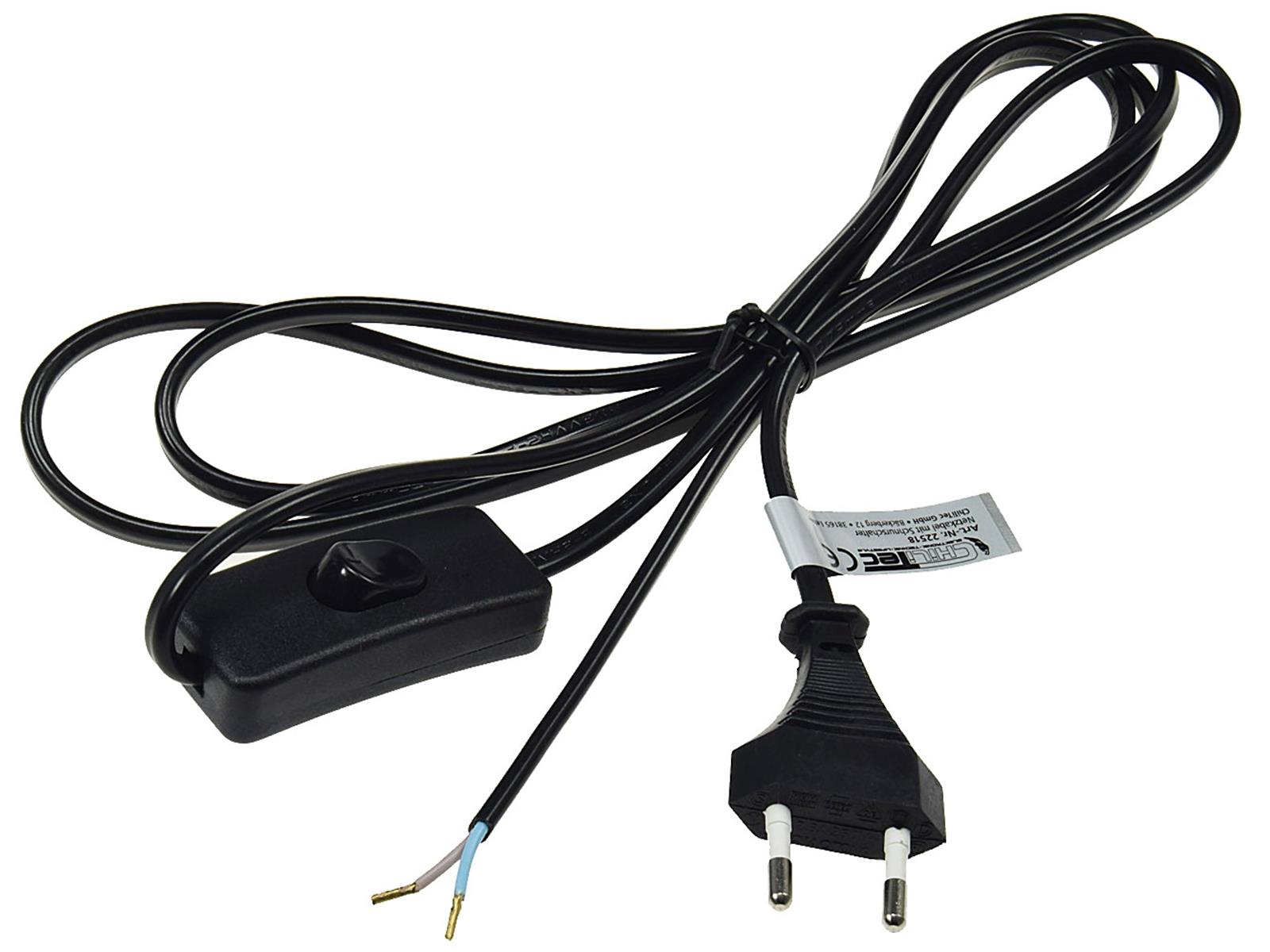 Netzkabel mit Schnurschalterblanke Enden, 2m lang, schwarz