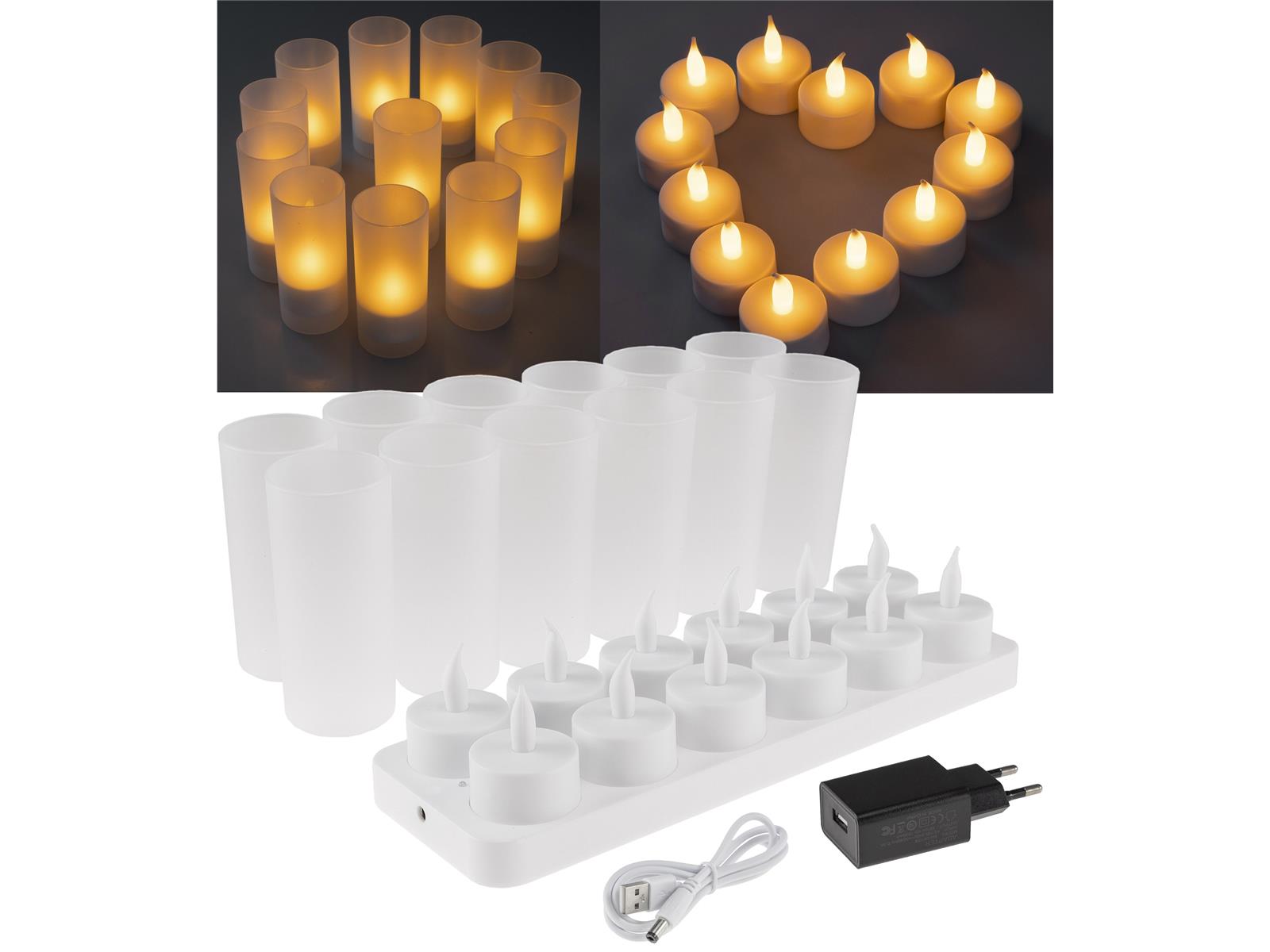 LED Teelichter, 12er Set, mit Windschutzwiederaufladbar auf Ladestation
