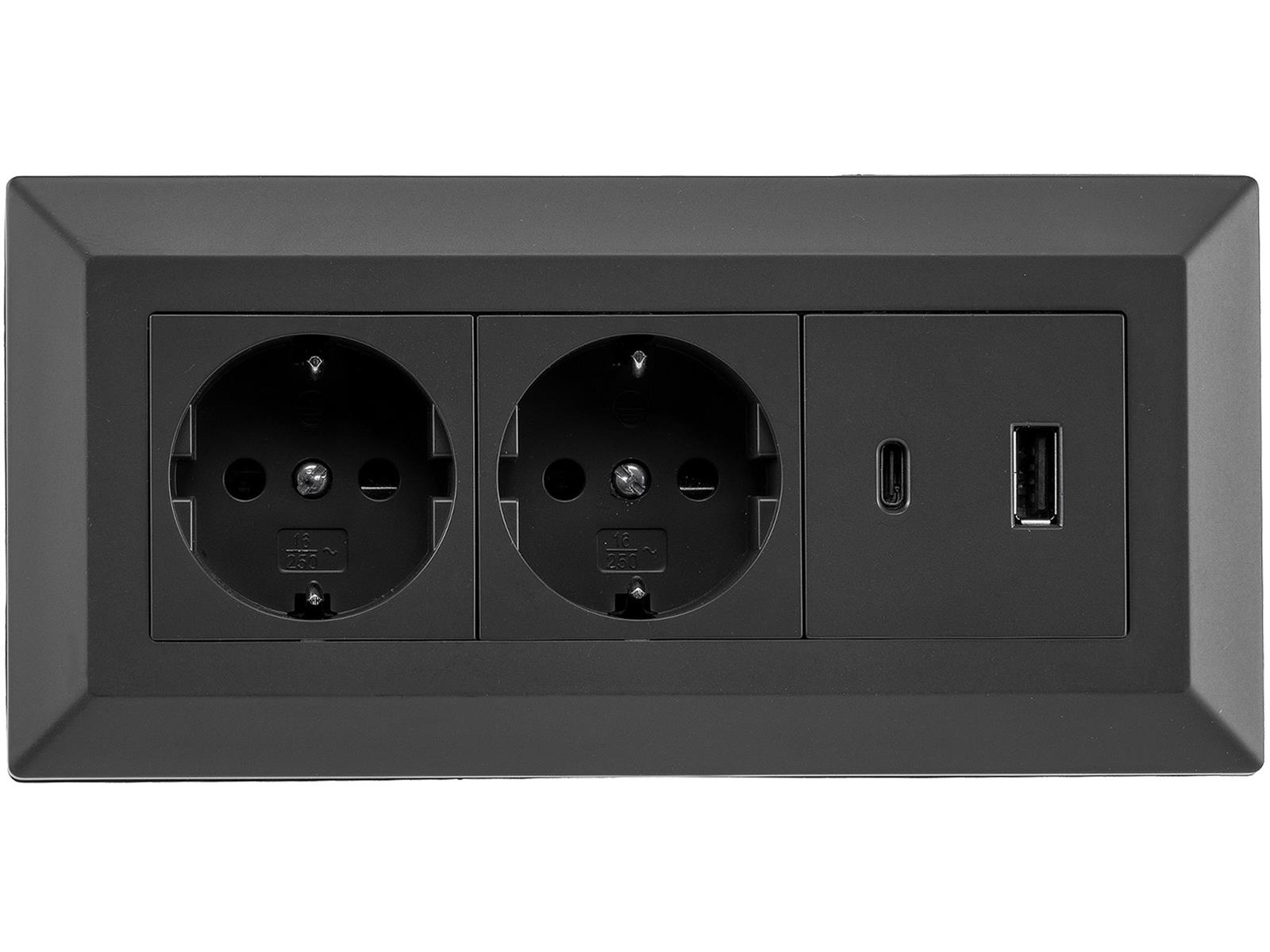 2-fach Steckdosenblock, USB-A+C, schwarz 250V~/ 16A, Aufbaumontage, USB 3,1A, PD