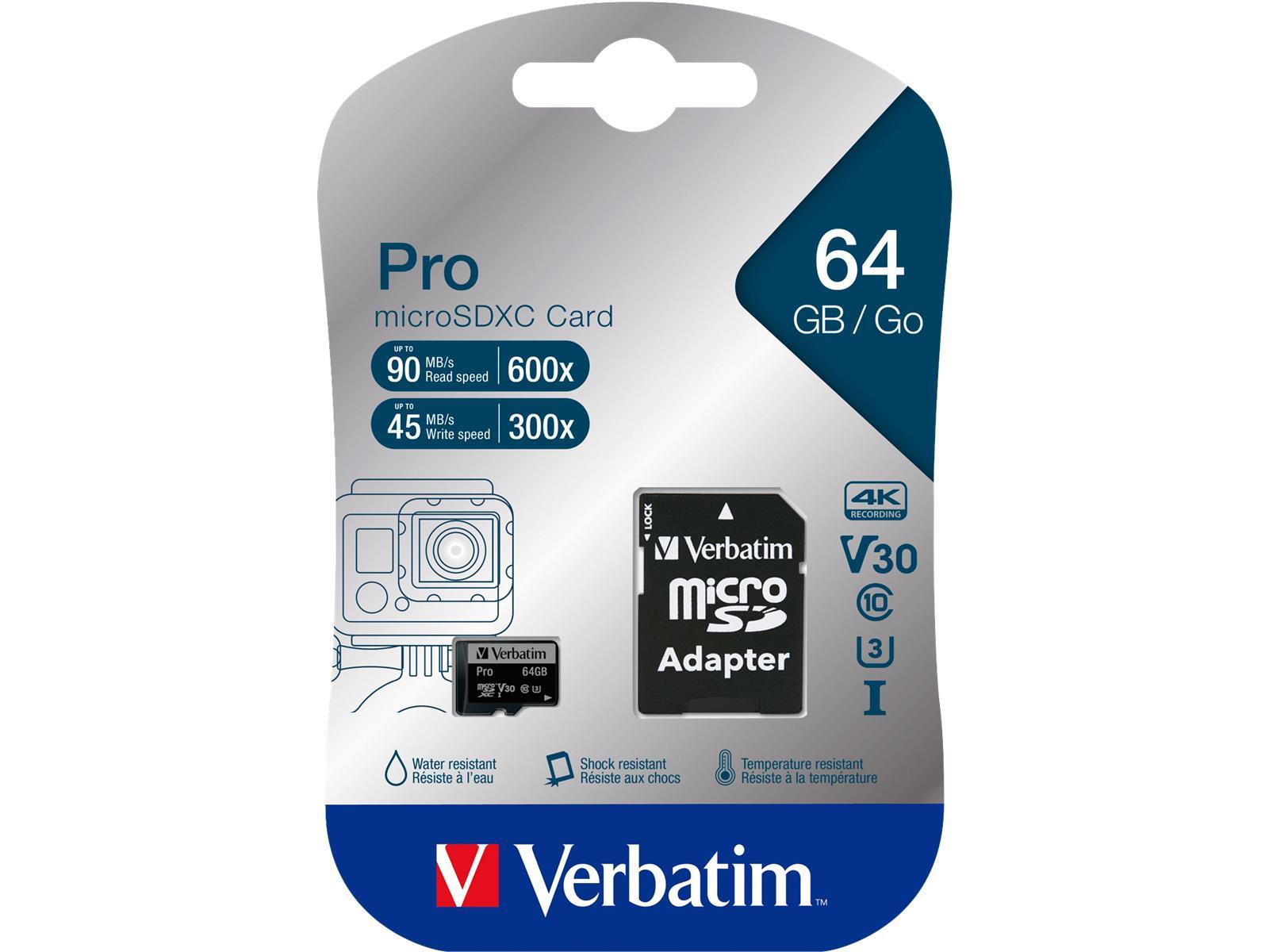 Micro SDXC Card Verbatim ''PRO'' 64GB, U3, inkl. SD-Adapter